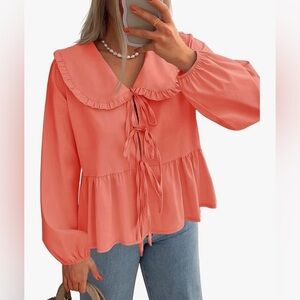 Women's Tie Front Peplum Tops Long Puff Sleeve Lapel Collar Cute Small BX2